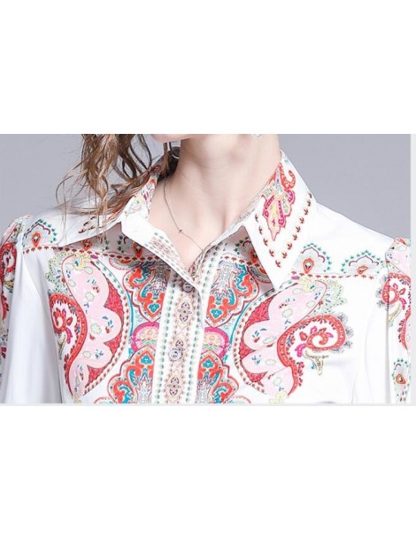 Women's Sets 2019 Autumn New Exquisite Baroque pattern Print Long Lantern Sleeve Single-Breasted Shirt Blouse and Shorts 2 Pi...