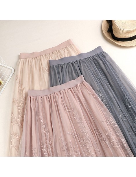 Skirts High Quality Elegant Tulle Long Pleated Skirt Women 2018 Summer floral Embroidery A-line tutu Lace mesh Skirt Women mi...