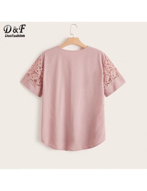 Blouses & Shirts Plus Size Pink Lace Panel High Low Blouse Women 2019 Summer Casual V Neck Short Sleeve Clothing Ladies Fashi...