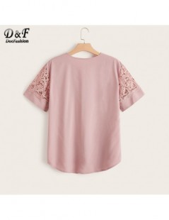 Blouses & Shirts Plus Size Pink Lace Panel High Low Blouse Women 2019 Summer Casual V Neck Short Sleeve Clothing Ladies Fashi...