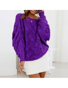 Pullovers Autumn Winter Women Purple Cold Shoulder Lantern Sleeve Cable Short Sweater Knitted Pullover Red Loose Bat Jumper C...