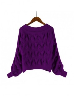 Pullovers Autumn Winter Women Purple Cold Shoulder Lantern Sleeve Cable Short Sweater Knitted Pullover Red Loose Bat Jumper C...