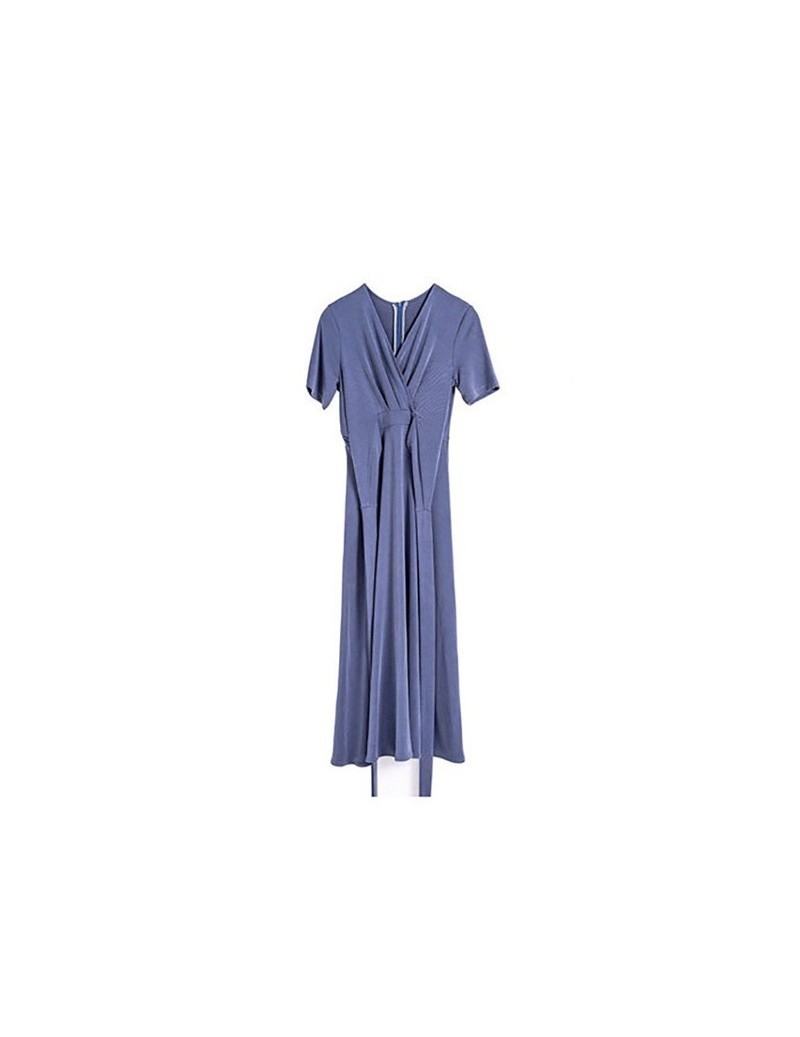 Elegant Solid Midi Dress For Women V Neck Short Sleeve High Waist Bandage Slim Dresses Female Fashion 2019 Summer - blue - 4...