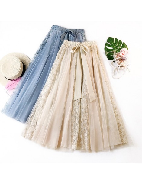 Skirts 2019 New Spring Mesh Skirts Korean Oversized Lace Long Women Skirt Elegant Bow Patchwork Hollow Out Ball Gown Pleated ...