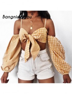 Camis Sexy Tie Up Shirt for Girl Women Gingham Knot Front Lantern Sleeve Plaid Crop Top Female Camisole ropa mujer verano - s...