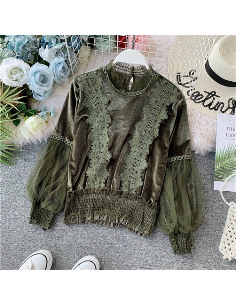 2019 Autumn Lace Velvet blouse shirt Lantern Sleeve elegant winter pullover mesh shirts tops - Green - 4D4171066226-5