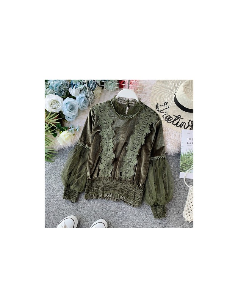 2019 Autumn Lace Velvet blouse shirt Lantern Sleeve elegant winter pullover mesh shirts tops - Green - 4D4171066226-5