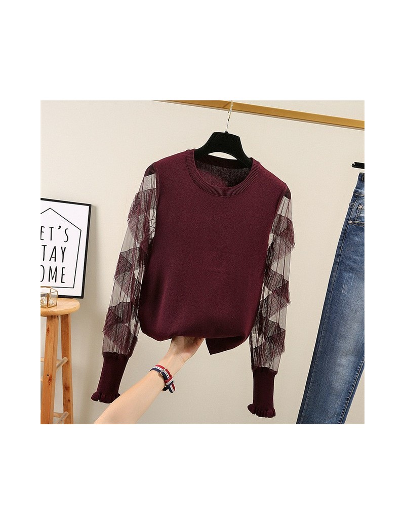Pullovers Ruffled Lace Sleeve Patchwork Knitted Jumper Women Fall Solid Pullovers Graceful Sweaters - wine red - 4O3024904138...