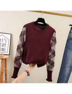 Pullovers Ruffled Lace Sleeve Patchwork Knitted Jumper Women Fall Solid Pullovers Graceful Sweaters - wine red - 4O3024904138...