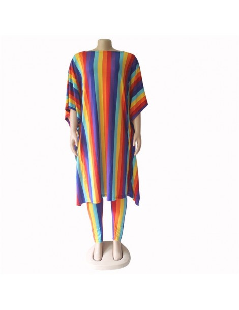 Women's Sets fashion colorful striped women dashiki elastic women set long top and pants 2in1 outfit - purple - 4J4131429374-...