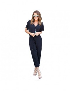 Jumpsuits 2018 Summer Sexy V Neck Pleated Waist Pocket Rompers Womens Jumpsuit Loose Cross Overalls Short Sleeve Playsuit S -...