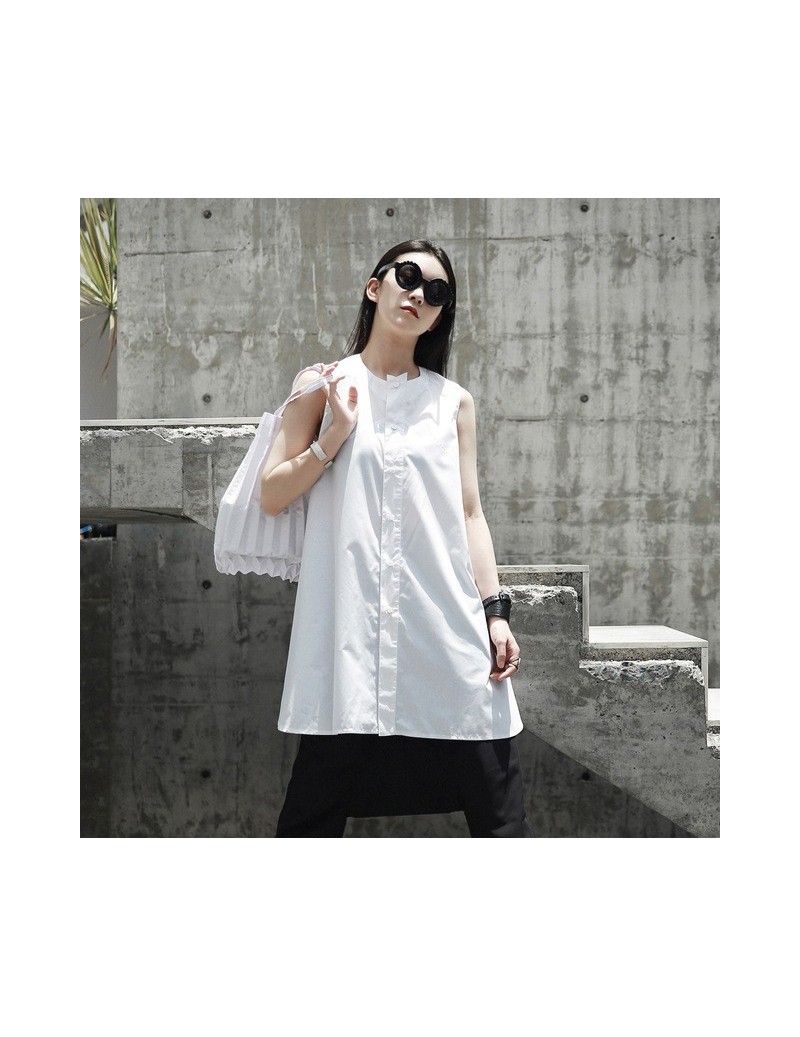 2019 Spring Summer Fashion New Loose Sleeveless Stand Collar Black White Irregular Long Type Shirt Women's Blouse YE017 - wh...