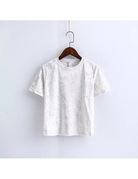 T-Shirts Chic Back Slit Short sleeve Velour T shirt New Woman Solid color O neck 2019 Spring Summer Velvet Tee Tops - White -...