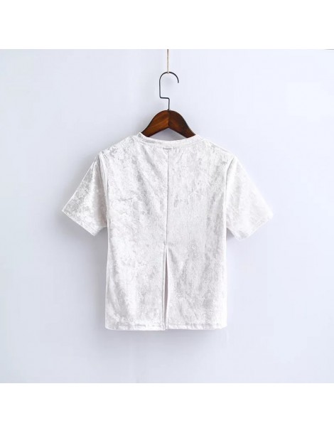 T-Shirts Chic Back Slit Short sleeve Velour T shirt New Woman Solid color O neck 2019 Spring Summer Velvet Tee Tops - White -...