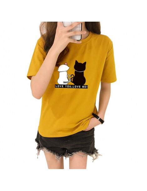 T-Shirts Causal Summer Women T-shirt Two Cats Print T-shirts Women Short Sleeve O Neck Cotton Tops Tees Slim t shirt for girl...