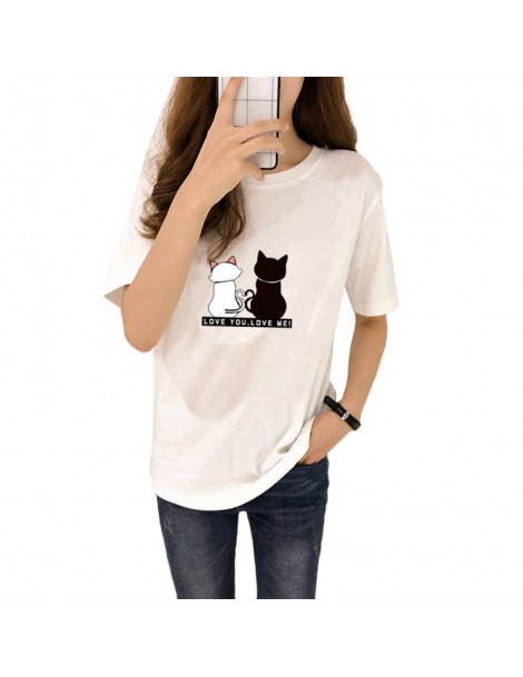 T-Shirts Causal Summer Women T-shirt Two Cats Print T-shirts Women Short Sleeve O Neck Cotton Tops Tees Slim t shirt for girl...