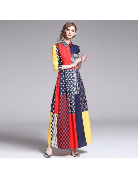 Dresses 2019 Autumn Winter Elegant Maxi Dress Women Vintage Contrast Color Geometry Pattern Printed Casual Turn-Down Collar L...