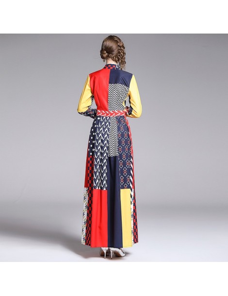 Dresses 2019 Autumn Winter Elegant Maxi Dress Women Vintage Contrast Color Geometry Pattern Printed Casual Turn-Down Collar L...