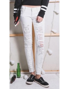 Jeans 2019 New Spring Summer Women jeans loose Ripped pants Vintage Hole Denim Pants Elastic feet pencil pants - white - 4B30...