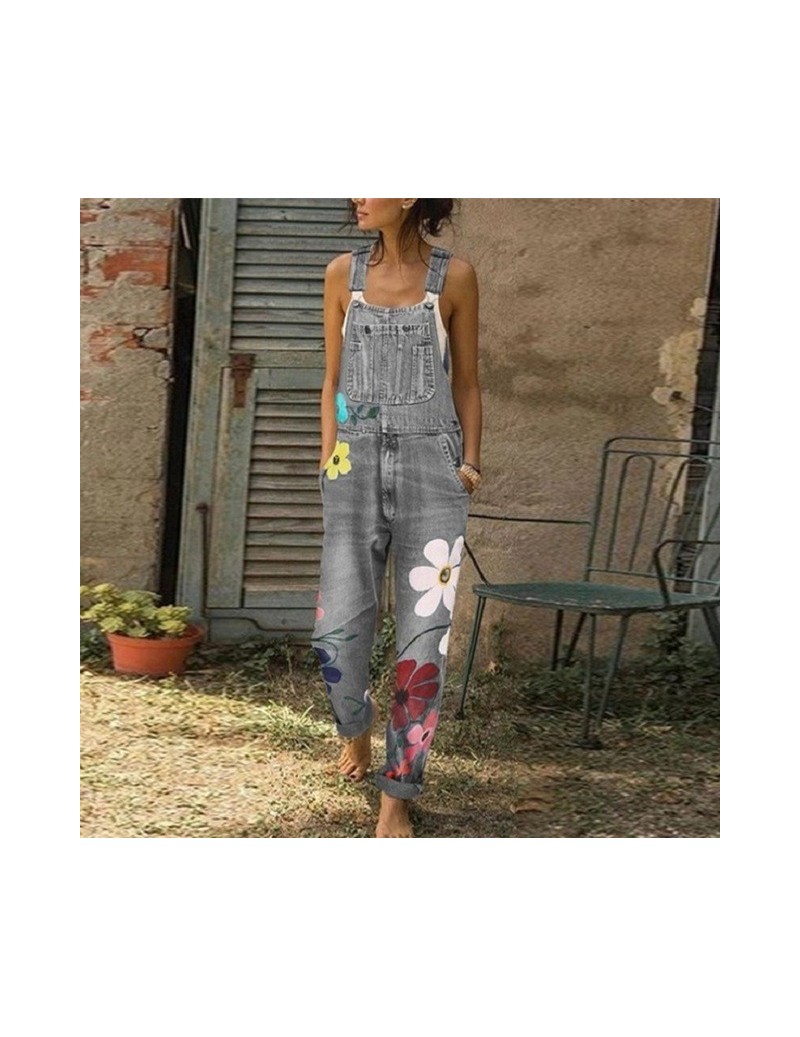Women Casual Denim Floral Bib Overalls Summer Fall Pockets Jumpsuits Chic Streetwear Pregancy Mom Outfits - Gray - 5S1112226...