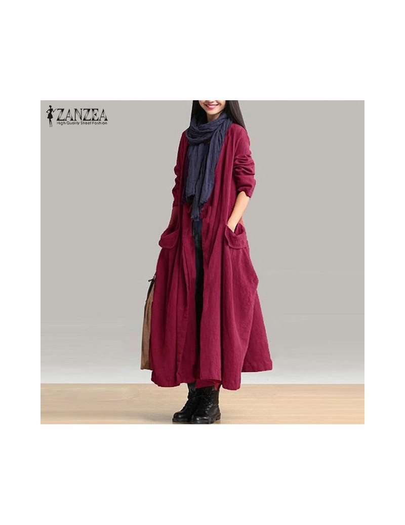 2019 Autumn Women Cotton Linen Open Front Cardigan Long Sleeve Casual Loose Long Coat Jacket Vestido Plus Size M-5XL - Wine ...