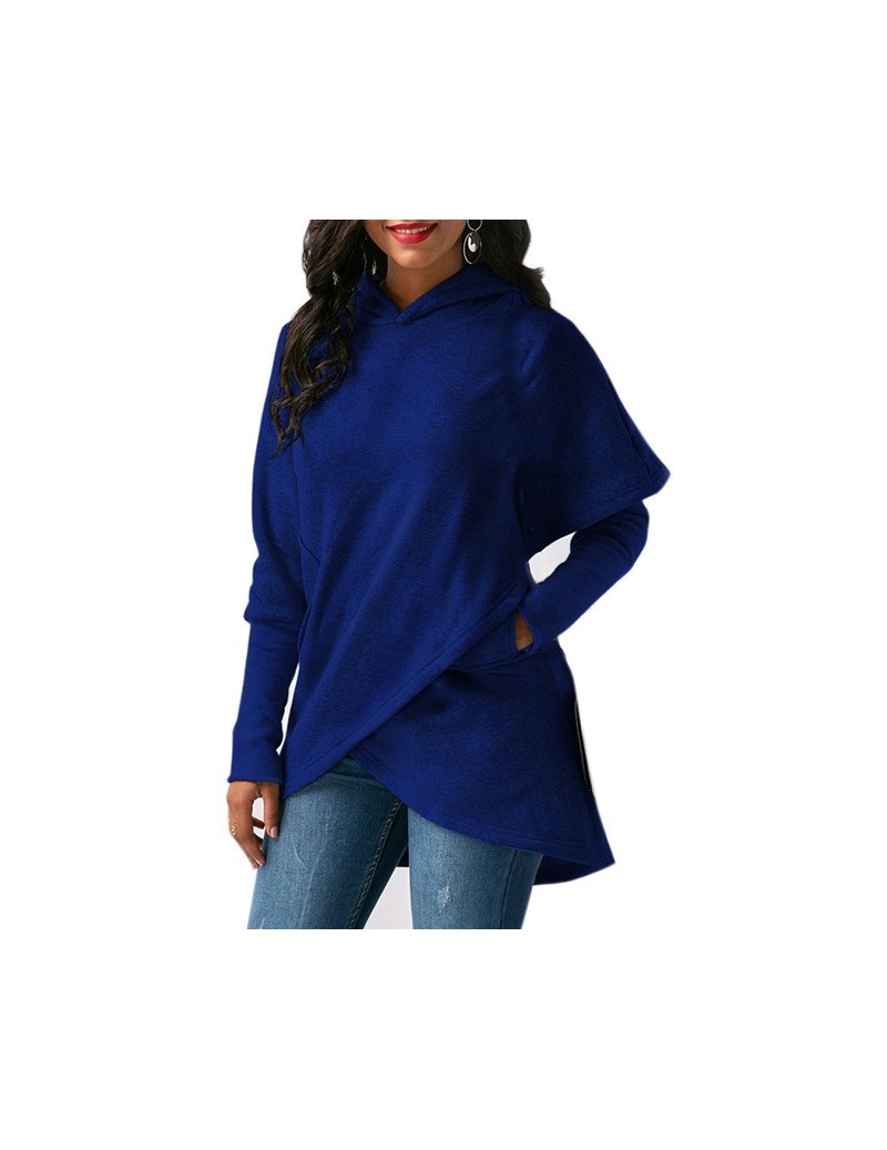 Fashion Women Irregular Hooded Hoodies Long Sleeve Sweatshirt Solid Pocket Pullover Tops GM - Blue - 4X4164674534-2