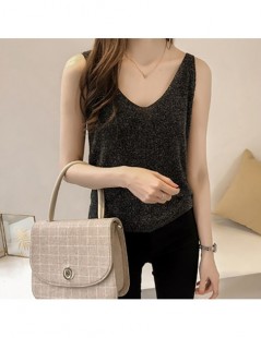 Tank Tops Simple Solid Color Women's Vest 2019 Summer Fashion V Neck Glitter Sleeveless Loose Sequined Ice Silk Knitted Tank ...