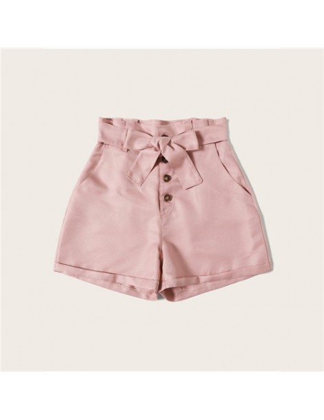 Shorts Pink Solid Button Front Belted Paperbag Shorts Women 2019 Summer Casual Shorts Ladies High Waist Fashion Shorts - Pink...