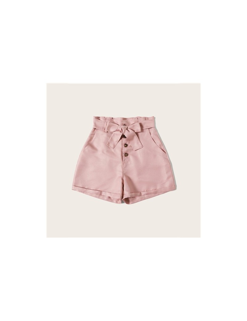 Pink Solid Button Front Belted Paperbag Shorts Women 2019 Summer Casual Shorts Ladies High Waist Fashion Shorts - Pink - 4S4...