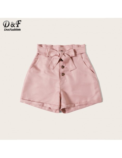 Shorts Pink Solid Button Front Belted Paperbag Shorts Women 2019 Summer Casual Shorts Ladies High Waist Fashion Shorts - Pink...