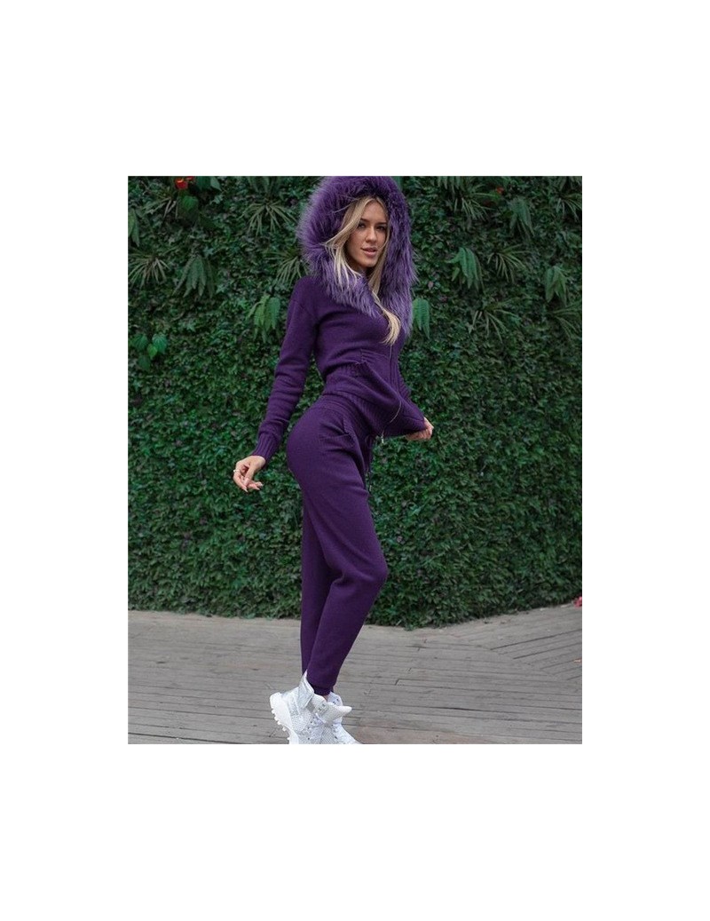 Women's Sets Female Knitted suits zipper sweater 2piece outfits fur hooded cardigan tops and pants two piece set - Purple - 4...