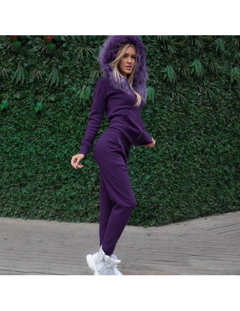 Women's Sets Female Knitted suits zipper sweater 2piece outfits fur hooded cardigan tops and pants two piece set - Purple - 4...