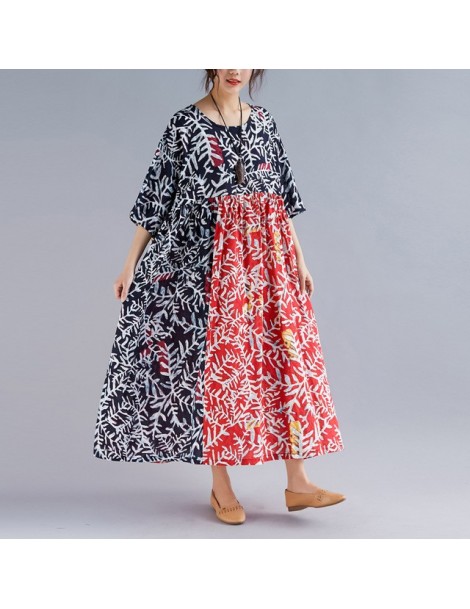 Dresses 2019 New Bohemia Print Plus Size Women Dress Summer Chinese Style Patchwork Color Loose Half Sleeve Vintage Dress - M...
