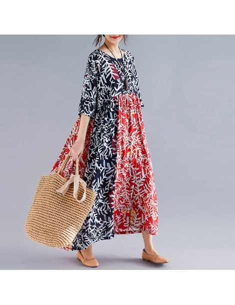 Dresses 2019 New Bohemia Print Plus Size Women Dress Summer Chinese Style Patchwork Color Loose Half Sleeve Vintage Dress - M...