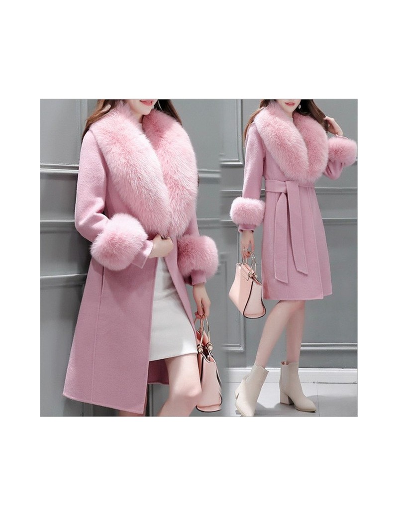 2018 New Fashion Women Long Jacket Autumn Winter Warm Sashes Woolen Coat Parka Female Large Faux Fur Collar Jacket Outwear A...
