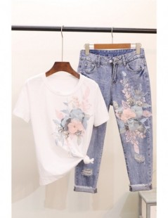 Women's Sets 3d Flower Embroidered Women Jeans Set Pink T Shirt Tops And Ankle Denim Pants Two Piece Set Outfit - flower3 - 4...