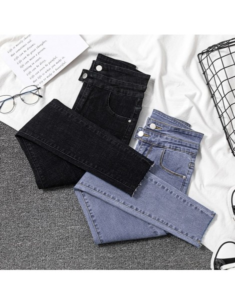 Jeans Women High Elastic Blue Pockets Denim Pants Stretch Plus Size Jeans Skinny High Waist Button Pencil Pants - Black - 5Q1...