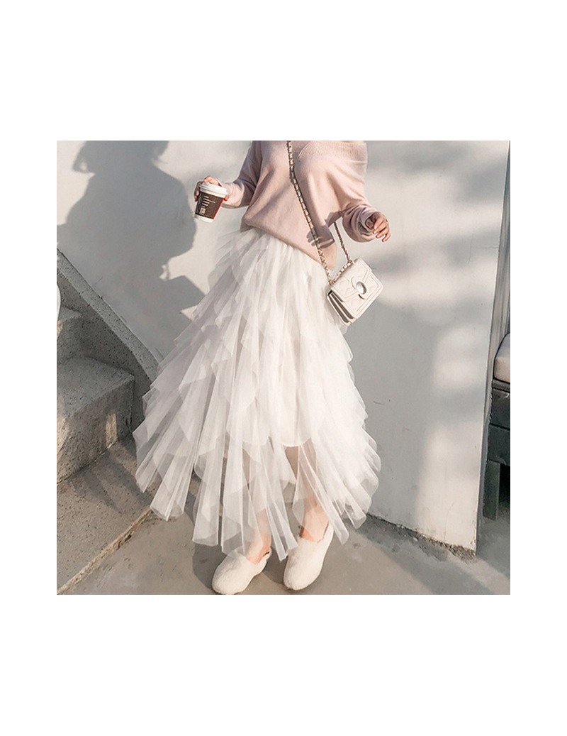 Skirts Women Mesh Skirt Tulle Tutu Ladies Elegant High Waist Midi Skirt Ruflfes Elastic Long 2019 Female Maxi Pleated Skirt F...