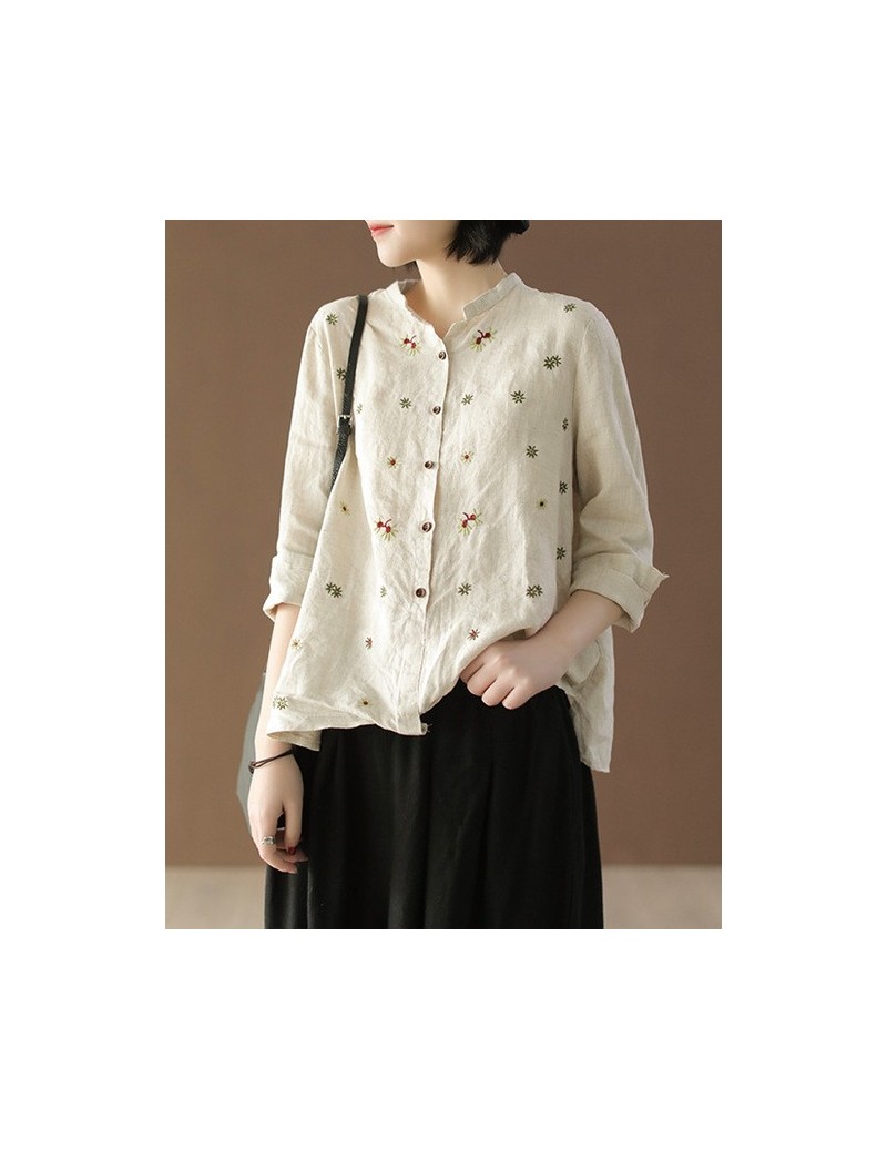 New Linen Embroidery Shirts Female Blouse 2019 Spring Loose Retro Long Sleeve Literary Casual Pullover Women Blouse - Beige ...