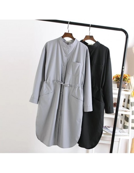 Blouses & Shirts Long Blouse Women Female Casual Stand Collar Oversize Shirt Vogue Loose Long Sleeve Cotton Tops Drawstring W...