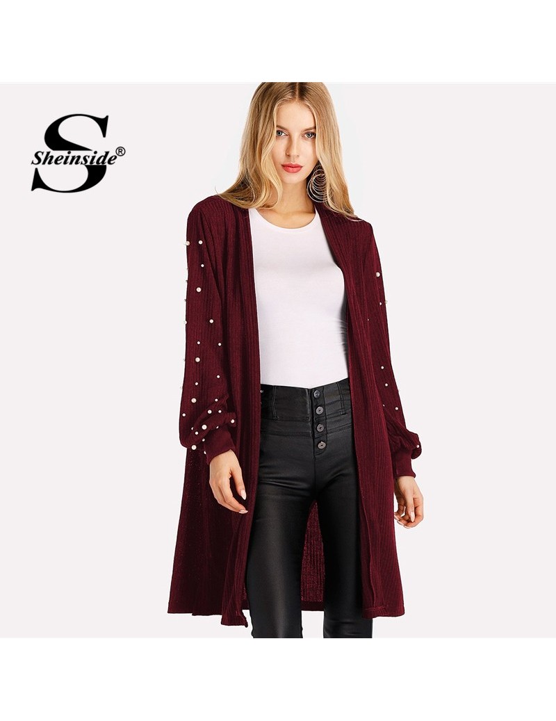 Cardigans Pearl Beading Open Front Cardigan Women Knitted Sweater 2018 Fall Elegant Outerwear Womens Bishop Sleeve Long Cardi...
