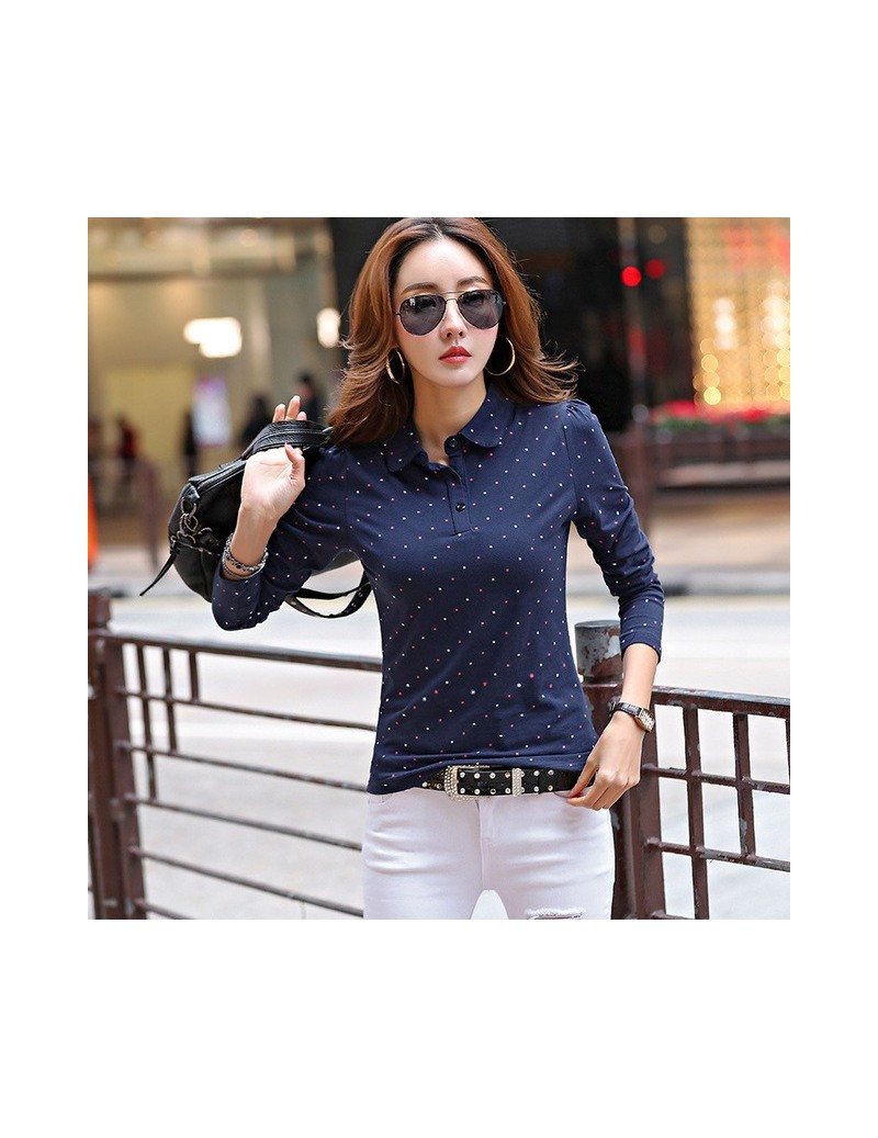 New Women Long Sleeve Polos Dots print Casual Polo Shirt girls lady lapel knit Cotton Polos spring autumn Casual Tops Tees -...