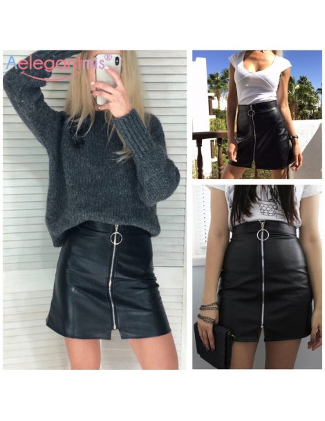 Skirts Spring Summer Casual PU Leather Skirt Women Elegant Zipper Mini A-Line Skirt Lady Skinny High Waist Skirts Black - Bla...