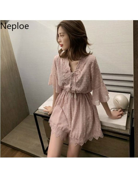 Rompers Summer Fashion Bandage Short Jumpsuits Women Casual Elegant Flare Sleeve Lace Playsuit Female Party Wide Leg Pink Rom...