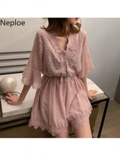 Rompers Summer Fashion Bandage Short Jumpsuits Women Casual Elegant Flare Sleeve Lace Playsuit Female Party Wide Leg Pink Rom...
