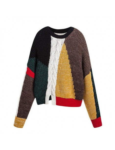 Women Patchwork Pullover Sweaters Vintage Loose 2019 Autumn New O-Neck Long Sleeve Knitted Women Cloths Sweaters - Patchwork...