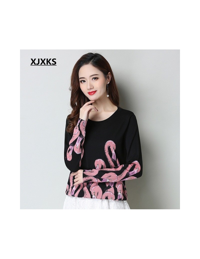 Pullovers Flamingo Pattern Print Sweater Pullover Women New 2019 Spring Jumper Vintage Thin Knitted Sweater Dropshipping - Bl...