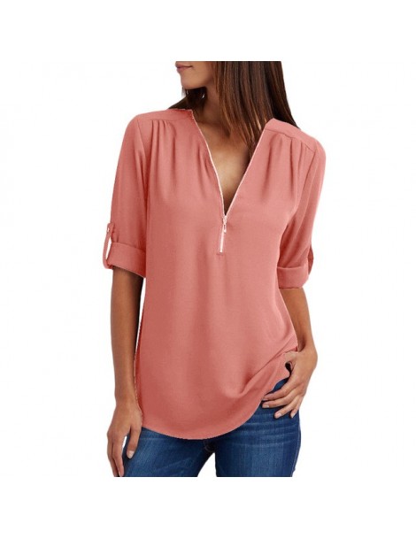 Blouses & Shirts 3XL 4XL 5XL Plus Size Womens Tops and Chiffon Blouses V-neck Roll Up Sleeve Zipper Tunic Tops Summer Casual ...