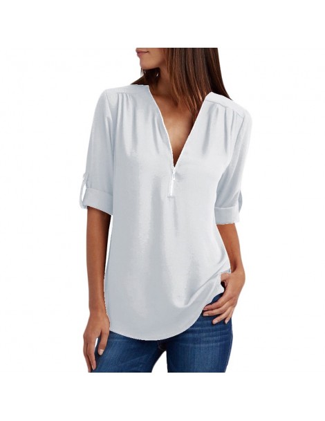 Blouses & Shirts 3XL 4XL 5XL Plus Size Womens Tops and Chiffon Blouses V-neck Roll Up Sleeve Zipper Tunic Tops Summer Casual ...