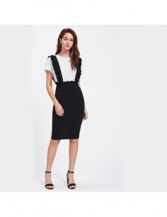 Skirts Black Frill Detail Pinafore Skirt For Ladies Knee Length Elegant Pencil Skirt Women's Plain Midi Skirts - Black - 4N39...